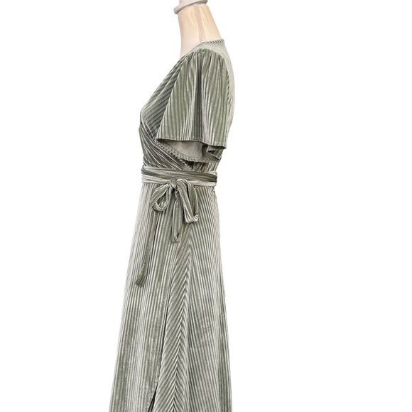 Baltic Born Andi Velvet Ribbed Dusty Sage Green Wrap Maxi Dress V-Neck Size XL - Picture 3 of 8
